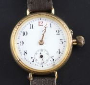 An early 20th century 9ct gold Borgel cased manual wind wrist watch, on later associated leather