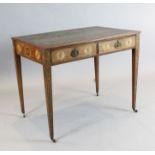 A George III marquetry inlaid satinwood writing table, with tooled green skiver and two frieze