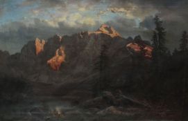 Carl Hasch (1834-1897)oil on canvasAlpine landscape with sunlight on the mountain topssigned and