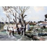 § Edward Seago (1910-1974)watercolourFigures walking in a landscapesigned in pencil, Heffer & Son