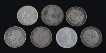 Seven George III to George V shillings; 1787 no seminee hearts EF, 1834 VF, 1865 VF, 1890 EF matt