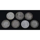 Seven George III to George V shillings; 1787 no seminee hearts EF, 1834 VF, 1865 VF, 1890 EF matt