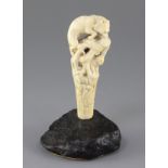 A 19th century French ivory cane handle, carved with a fox and hare, on a naturalistic stone base,