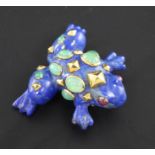 A Seaman Schepps 18ct gold mounted gem set lapis lazuli frog brooch, 1.75in.