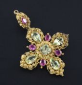 A late Victorian gold, ruby and pale green sapphire set cross pendant, with cannetile work