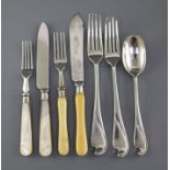 A part canteen of Victorian silver and silver plated fancy pattern cutlery by Frederick Elkington/