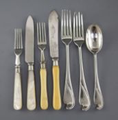 A part canteen of Victorian silver and silver plated fancy pattern cutlery by Frederick Elkington/