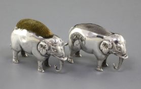 Two early 20th century novelty silver pin cushions, each modelled as an elephant, one by Adie &