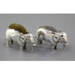 Two early 20th century novelty silver pin cushions, each modelled as an elephant, one by Adie &