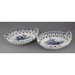 A near pair of Worcester pine cone pattern oval baskets, c.1775, applied with flowerheads to the