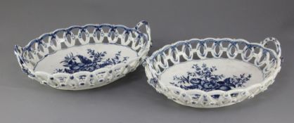 A near pair of Worcester pine cone pattern oval baskets, c.1775, applied with flowerheads to the