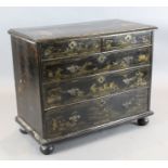 An early 18th century black Japanned and gilt decorated chest of drawers, decorated with Chinese