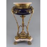 A Louis XV style ormolu, pink marble and blue ceramic brûle-parfum, with ribbon tie and acanthus