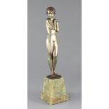 A Lorenzl Art Deco silvered bronze figure of a standing nude girl, signed in the bronze, on green