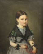 19th Century French Schooloil on canvasPortrait of a girl holding a coral bead rosarysigned
