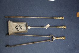 A set of three George III steel and bronze mask handled fire irons