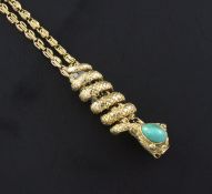 A late Victorian 9ct gold guard chain with gem set entwined serpent slide, 45in.