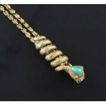 A late Victorian 9ct gold guard chain with gem set entwined serpent slide, 45in.