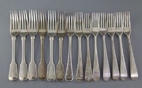 A set of six George III silver fiddle pattern table forks by Josiah & George Piercy, with engraved