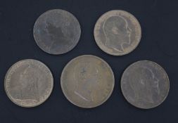 Five British pennies - William IV to Edward VII, comprising 1831 AEF, 1868 EF, 1901 GVF, two 1902