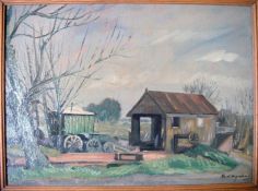 Karl Hagedorn (1889-1969)oil on board,The Lock House & Caravan,signed and dated '47, label verso,