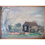 Karl Hagedorn (1889-1969)oil on board,The Lock House & Caravan,signed and dated '47, label verso,