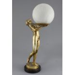 An Art Deco bronzed spelter table lamp, modelled as a maiden holding a globe, 20in.