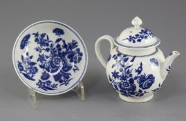 A Worcester miniature 'Three Flowers' pattern globular teapot and cover, c.1780, shaded crescent