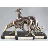 I. Rochard. An Art Deco bronzed spelter group of two greyhounds,