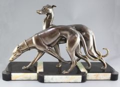 I. Rochard. An Art Deco bronzed spelter group of two greyhounds,