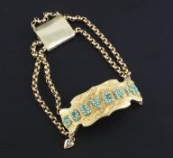 A Victorian chased gold and turquoise double chain link 'Souvenir' bracelet, engraved en verso