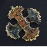 A gold and moss agate mounted cruciform pendant brooch, 2.5in.