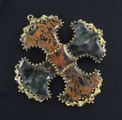 A gold and moss agate mounted cruciform pendant brooch, 2.5in.