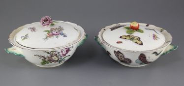 Two Chelsea ecuelles and covers, c.1755, the first painted with insects and with a strawberry