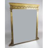 A late Victorian giltwood and gesso overmantel, with floral swag frieze and bevelled plate, W.4ft