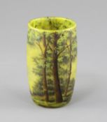 A Daum enamelled cameo glass 'summer landscape' vase, c.1900, of elongated barrel form, acid