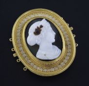 A Victorian gold, white enamel and hardstone cameo oval choker clasp, with cannetile and ropetwist