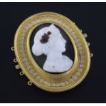 A Victorian gold, white enamel and hardstone cameo oval choker clasp, with cannetile and ropetwist