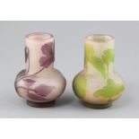 Two small Galle cameo glass vases, c.1910, of similar bulb form, one decorated with floral design in