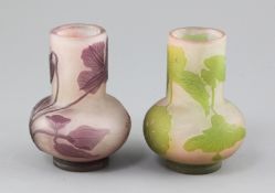 Two small Galle cameo glass vases, c.1910, of similar bulb form, one decorated with floral design in