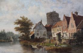 Adrianus Eversen (Dutch, 1818-1897)oil on canvasRiverside houses with a tower beyondsigned12 x 18.