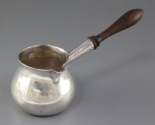 A George II silver brandy saucepan, with later engraved armorial and turned wooden handle, maker's