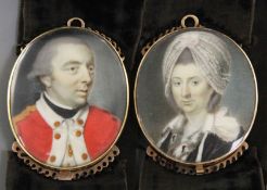 Samuel Collins (c.1735-1768)pair of oils on ivoryMiniatures of an army officer and a lady1.5 x 1.