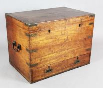 A Victorian Anglo-Indian brass bound teak travelling chest, with base drawer and tin lining, locks