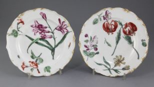 A pair of Chelsea botanical dessert plates, c.1765, each painted in 'Hans Sloane' style within