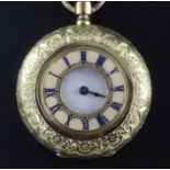 A 19th century 18ct gold and guilloche enamel keyless lever half hunter pocket watch with associated