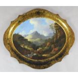A Victorian papier mache serpentine tray, painted with goatherds in an alpine landscape, 28 x 33in.
