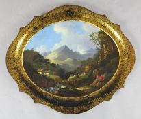 A Victorian papier mache serpentine tray, painted with goatherds in an alpine landscape, 28 x 33in.