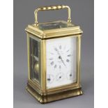 A L'Epée lacquered brass hour repeating carriage clock, with day, date and alarum dials, 6in.