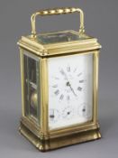 A L'Epée lacquered brass hour repeating carriage clock, with day, date and alarum dials, 6in.